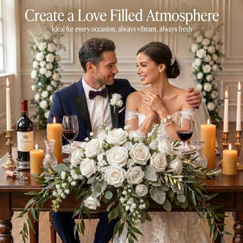 60 Pcs White Velvet Artificial Roses Flowers Real Looking Silk Faux Roses Bulk Long Stems for Wedding Centerpieces,DIY Floral Arrangements,Home Decor,Anniversary,Valentine's Day