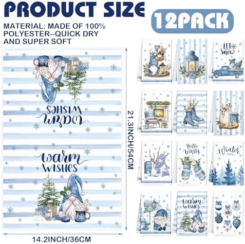 VitalCozy 12 Pcs Blue Christmas Kitchen Towels, Hello Winter Dishcloths
