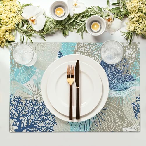 Nautical Coastal Placemats Set of 4 18x12 Inch Summer Beach Themed Linen Place Mats Heat-Resistant Washable Wipeable Beachy Seashell Table Mat for Party Kitchen Dining Room Dinner Table Decor