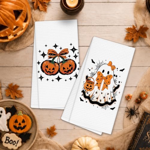 Halloween Pumpkin Fall Kitchen Towels, Coquette Orange Bow Ghost Pumpkin Fall Hand Towels for Bathroom Decor, Preppy Halloween Autumn Dishcloths Dish Towel for Kitchen 16x24 Inches Set of 2