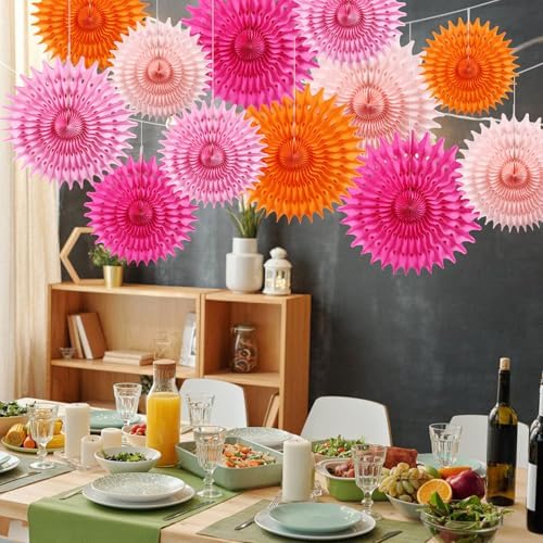 12PCS Paper Fans Orange and Hot Pink Party Decorations Tissue Paper Flowers Decorations for Girl Groovy Birthday Baby Shower Wedding Bachelorette Room Wall Hanging Décor