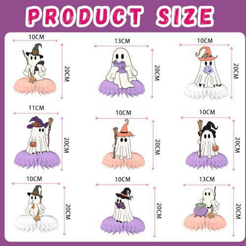 Halloween Ghost Honeycomb Centerpiece,9Pcs Cute Ghost Table Decorations Pink Spooky Pumpkin Broom Signs Table Centerpieces for Halloween Ghost Decor Party Baby Shower Indoor