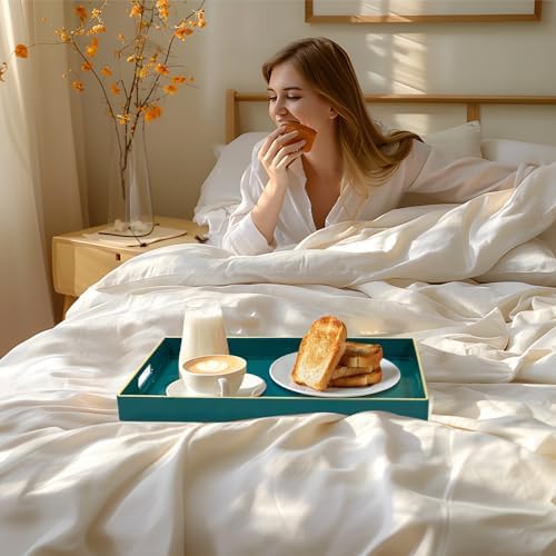 MAONAME Teal Decorative Tray for Coffee Table, Serving Tray with Handles
