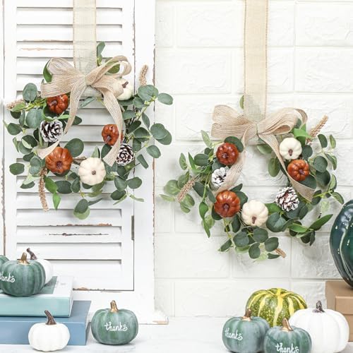 Syhood 2 Pcs 9 Inch Small Fall Wreath for Cabinet Mini Fall Wreath