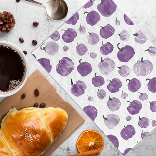 Purple Fall Pumpkin Decor Kitchen Towels and Dishcloths Set of 2, Purple Farmhouse Pumpkins Fall Decor Decorative Hand Tea Towel for Dorm Bathroom Living Room, Autumn Dish Towels, 16×24 Inch