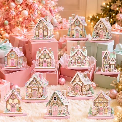 12 Pcs Christmas Gingerbread Decor Pink Gingerbread House Table Centerpiece