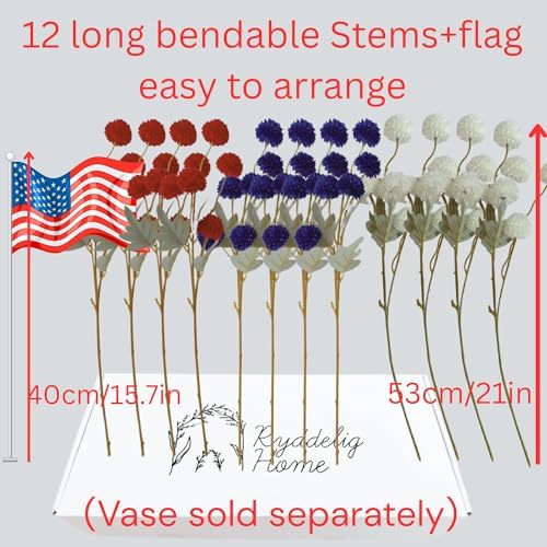 Red White and Blue Artificial Flower Arrangement 12 Stems with American Flag, 4th of July Table Decorations Centerpiece
