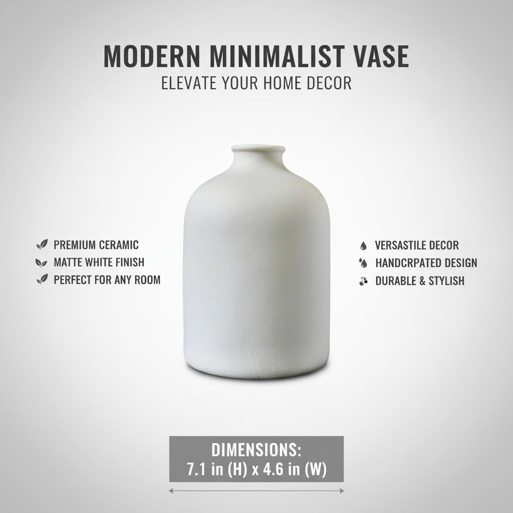 Ceramic Vase / Minimalist Modern Home Decor / White / 7 Inch