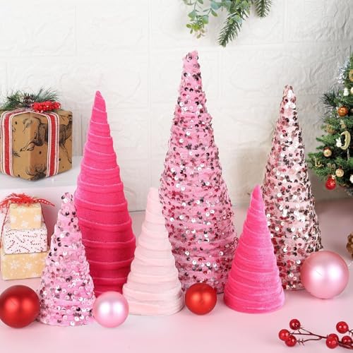 6 Pcs 12" 10" 6" Christmas Cone Tree Decorations Velvet Pink Christmas Glitter Table Decor Flocked Farmhouse Tiered Tray Ornament Xmas Tree for Home Holiday Entryway Tabletop Centerpiece Decor