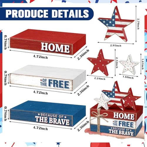 Geelin 4 Pcs 4th of July Wooden Book Stack Sign Decor, 250th Anniversary Patriotic Red White Blue USA Tabletop Decoration with Star Design, Rustic Farmhouse Tiered Tray Decor for Home Office Desk