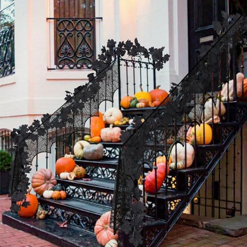 Halloween Mantle Scarf 2 Pcs Lace Spiderweb Fireplace Mantel Scarf,Halloween Mantel Decor for Cloth Table Runner,Halloween Decorations Indoor Festive Party Supplies 96 x 18 Inch White and Black
