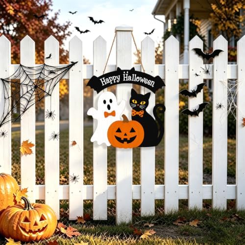 Halloween Welcome Wreath for Front Door Wooden Ghost Black Cat Door Decor