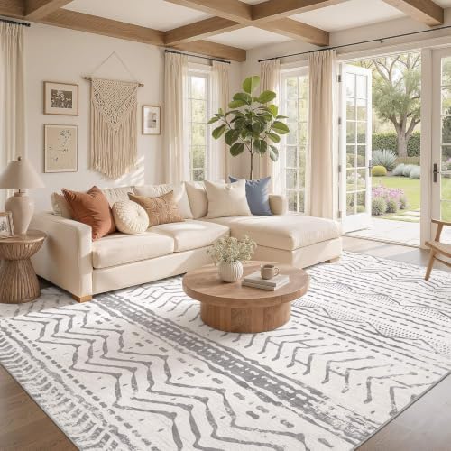 Nakagishi Area Rugs 8x10 Living Room: Washable Boho Large Neutral Soft Farmhouse Rug Stain Resistant Modern Geometric