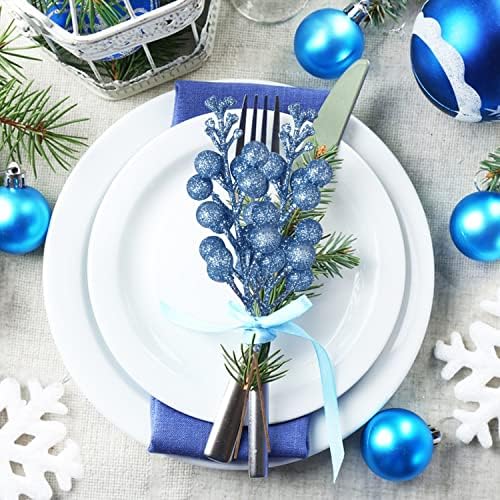 24 Pack Glitter Blue Berry Stems,7.5 Inch Christmas Sparking Red Faux Winter Berry Sprigs,Artificial Red Berries Branches for Christmas Tree Garland Wreath Crafts Season Winter Home Decor