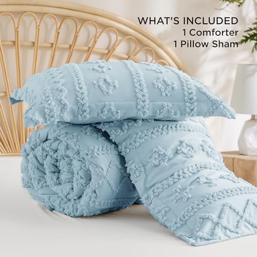 Bedsure Tufted Boho Comforter Set Twin Size - Sky Blue Boho Bed Set, GentleSoft™ 2 Pieces Farmhouse-Style Embroidery