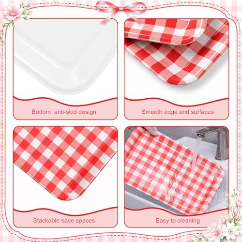 Vesici 3 Pcs Red Gingham Serving Trays 13 x 10 Inch Plaid Melamine Platter