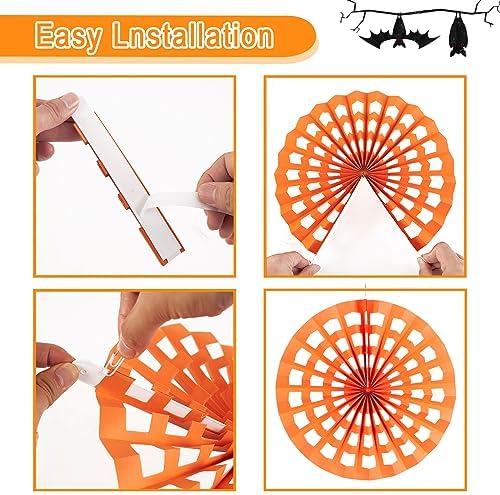 Halloween Party Decorations, Black and Orange Party Decorations, Halloween Spider Web Hanging Paper Fans Party Decorations for Basketball Birthday Graduation Gothic Office Halloween Party Decorations