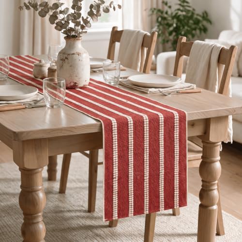 Artoid Mode Red Farmhouse Dashed Stripe Table Runner, Seasonal Holiday Christmas Boho Rustic Kitchen Dining Table Decoration for Home Party Decor 12x60 Inch