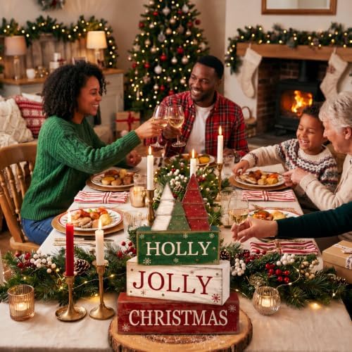Moucuny 4 Pcs Christmas Centerpiece Wood Block Signs Holly Trees