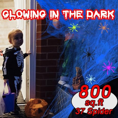 Ahuimeius 800 sqft Halloween Glow Spider Webs Indoor & Outdoor Spooky Spider Webbing with 37 Fake Spiders for Halloween Decorations,White with Blacklight Lamp