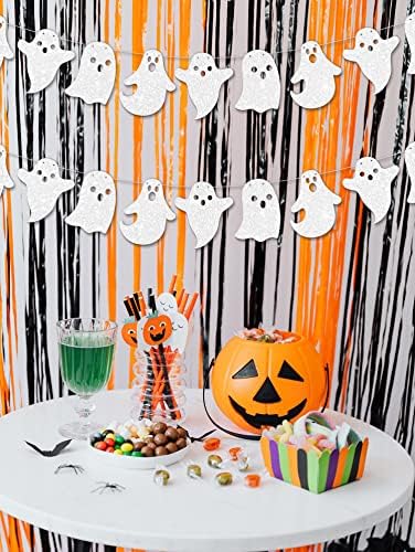 2 Pack Glittery Halloween Hanging Ghost Banners Halloween Party White Ghost Garland Party Banner for Haunted Houses Home Decorations Supplies White
