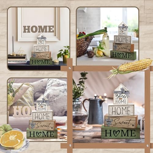 Moucuny 4 Pcs Wooden Farmhouse Table Decor Rustic Home Sweet Home Stacked Blocks Decoration Farmhouse Tiered Tray Decor