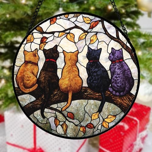 5 Cats on a Branch Stained Glass Window Hanging Suncatcher Gifts 15"