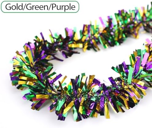 33Ft Christmas Tinsel Garland, Gold Green Purple Metallic Twist Foil Tinsel Garland Hanging Decor for Christmas Tree Birthday Kwanzaa Party Indoor Outdoor Party Supplies - Gold Green Purple