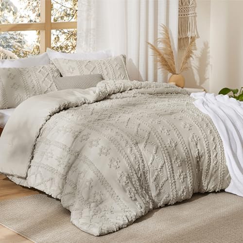Bedsure Tufted Boho Comforter Set Oversized Queen - Linen Boho Bed Set, GentleSoft™ 3 Pieces Farmhouse-Style Embroidery