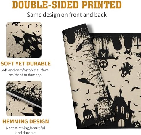 Halloween Placemats 12x18 Inch Set of 4 Black White Witch Castle Ghost Place Mats Spooky Haunted House Bats Tree Crow Table Mat for Party Kitchen Dining Outdoor Indoor Decor