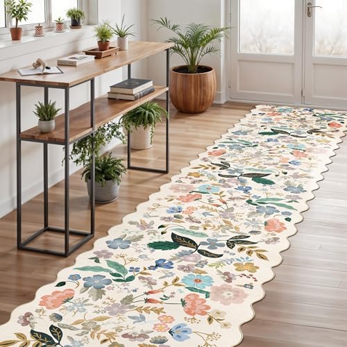 Washable Hallway 2'6x12 Runner Rug: Floral Scalloped Rug for Kitchen Entryway Farmhouse Soft Carpet for Bathroom