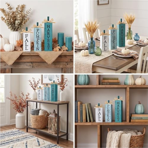 Redbaker 3 Pcs Blue Fall Pumpkin Decor, Wood Fall Decorations for Home