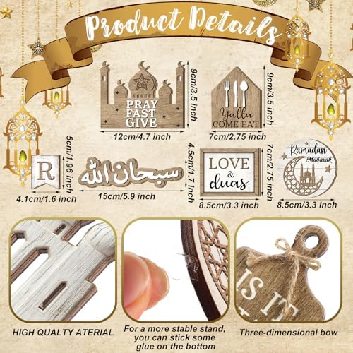 Shellwei 20 Pcs Eid Mubarak Tiered Tray Decor Ramadan Mubarak Table Decor Rustic Wooden Tabletop Signs for Home Black and Gold Muslim Islam Centerpiece for Islamic Gifts Kareem Home Table