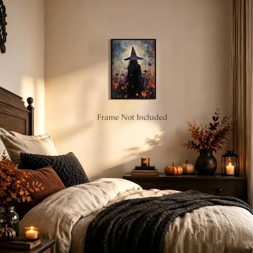ILLBDR Halloween Witch with Flowers Canvas Wall Art Poster 12x16 inch