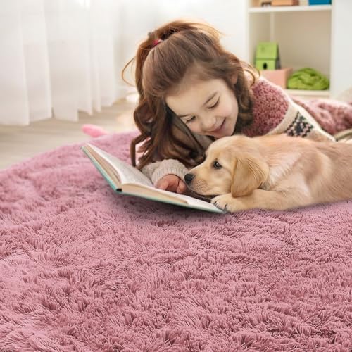 OLANLY Pale Pink Round Rugs for Bedroom - Machine Washable, 3 ft Circle Area Rugs for Living Room, Soft and Fluffy