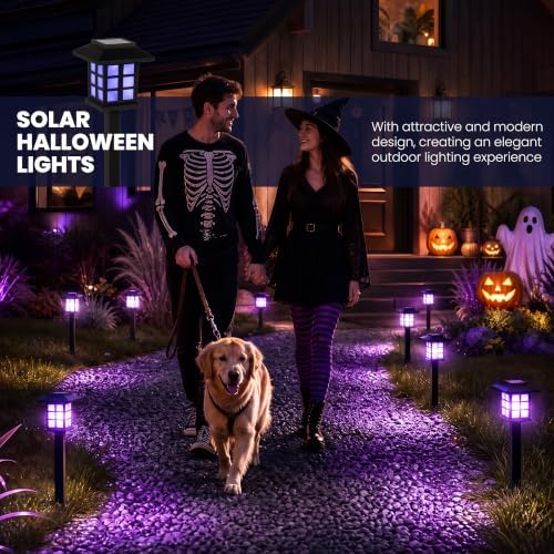 GIGALUMI Halloween Solar Lights Outdoor,12ps Purple Halloween Decorations.