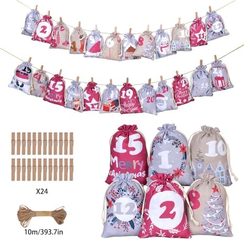 24 Pcs Christmas Advent Calendar Number Bags with Drawstring Closure, 24 Days Countdown Calendar Bags for Xmas gifts, Reusable Christmas gift Bags with Rope and Clips for Winter Holiday Party Favor (Purple)