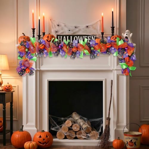 Halloween Garland for Mantle with Pumpkin Mesh Ribbons 6Ft