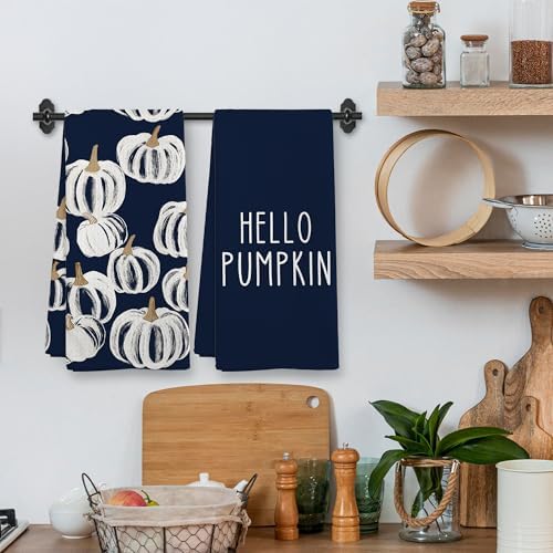 Fall Hello Pumpkin Kitchen Towels and Dishcloths Sets of 2, Navy Blue Pumpkin Fall Decor Decorations Dish Hand Tea Towels Gifts for Bathroom Kitchen, Autumn Aesthetic Fall Decor, 16x24 Inch