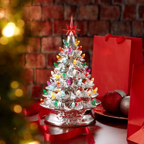 Casafield Hand Painted Ceramic Christmas Tree, Silver 15-Inch Pre-Lit Tree with 128 Multi Color Lights and 2 Star Toppers