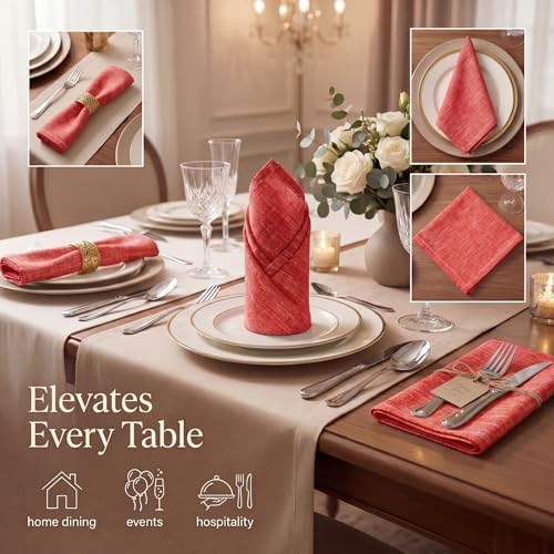 Urban Villa Cloth Napkins 100% Cotton Highly Absorbent Washable Reusable Premium Dinner Napkins Ideal for Gifts for Mothers Day Hotel Farmhouse Parties - Red/White Chambray (20" x 20", Set of 12)