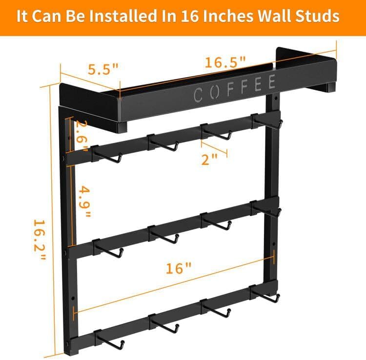 RCHYFEED Coffee Mug Holder Wall Mounted,Metal Mug Rack with 12 Movable Hook | Coffee Cup Holder with Large Storage