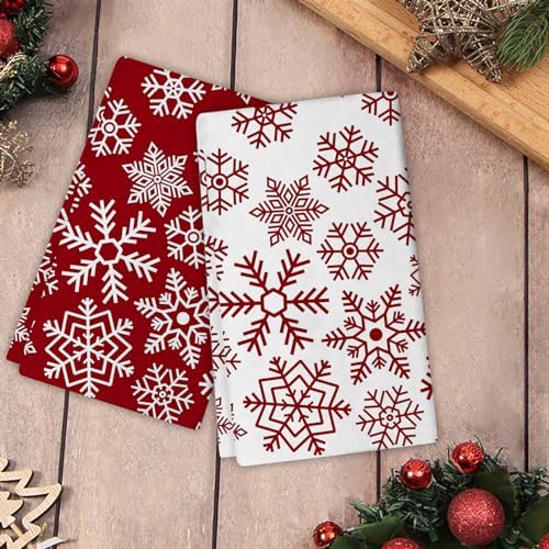 JOOCAR Christmas Snowflake Kitchen Towels Dish Towels Set of 2, 16x27 Inch Seasonal Soft Drying Dishcloth, Red and White Decoration Hand Towels