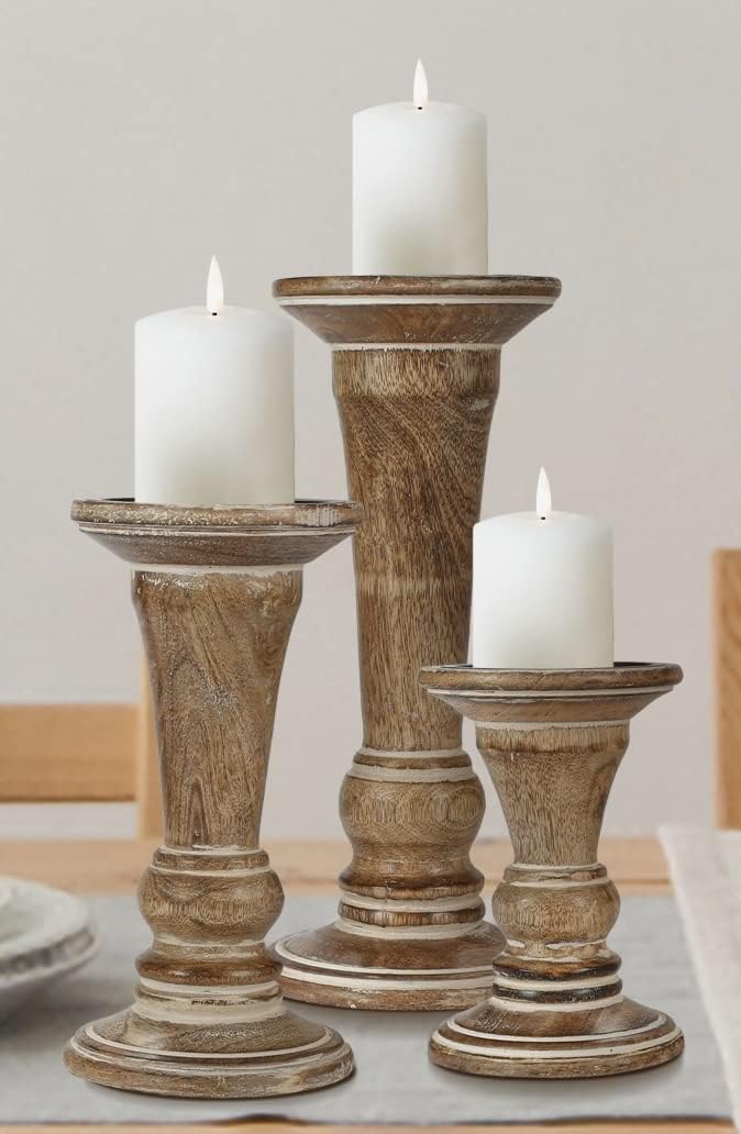 Homebia Design White Wash Mango Wood Candle Holder Set of 3 – 10, 8, 6 Inch