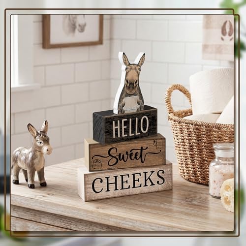 Moucuny 4 Pcs Hello Sweet Cheeks Bathroom Decor Wooden Signs Donkey