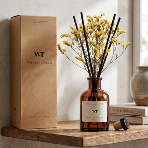 WEALD TRIBE Reed Diffuser Set for Bathroom Air Fresheners, Oil Diffuser Sticks with Flower | Lemongrass Scent 4.0 fl oz