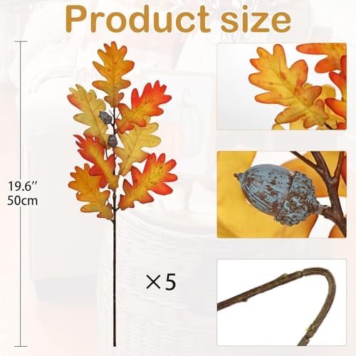5 Pcs Fake Fall Oak Leaves Stems 19.6” Artificial Autumn Foliage Branches