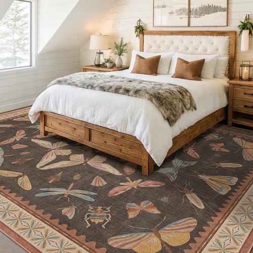 Brown Large 8x10 Living Room Area Rug, Unique Washable Insect Rugs for Bedroom, Stain Resistant Farmhouse Carpet for
