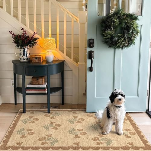 3x5 Floral Entry Rug - Small Washable Indoor Outdoor Mats for Front Door Non-Slip Jute-Look Porch Rug Boho Tan