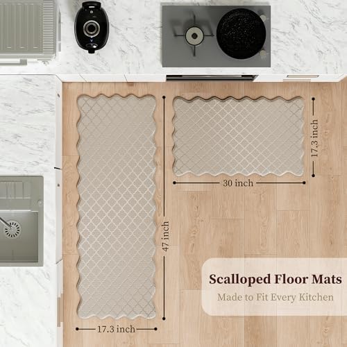 Arenarug Upgrade Scalloped Kitchen Mats for Floor 2PC, Khaki Kitchen Rugs